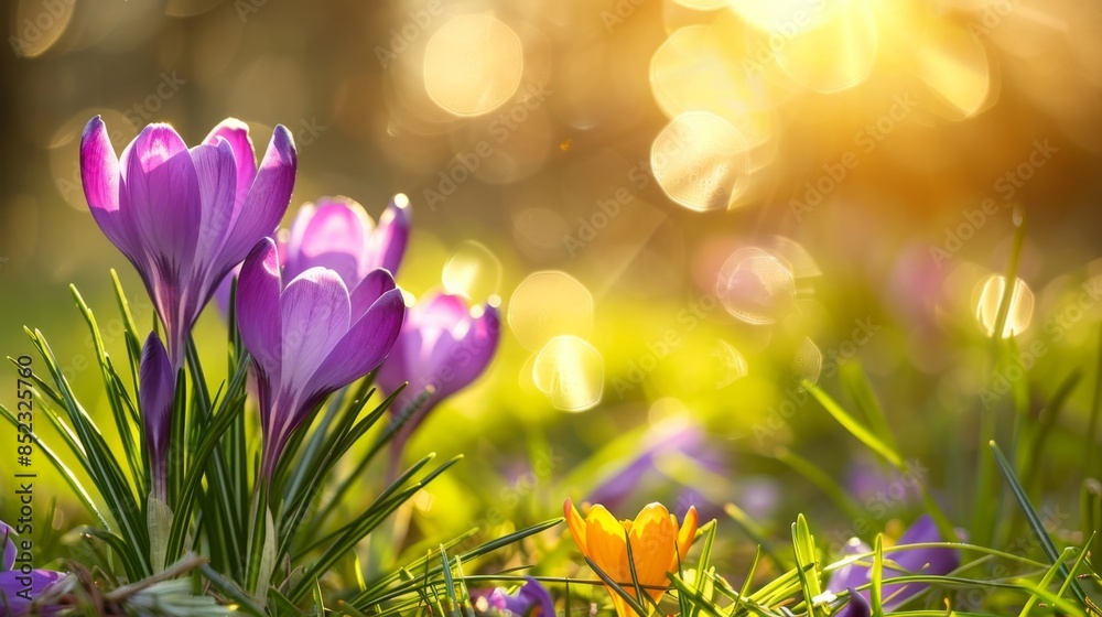 Royalty-free stock photo of close-up spring lavender crocuses blooming in lush green grass under sunlight Royalty-free stock photo of close-up spring lavender crocuses blooming in lush green grass under sunlight