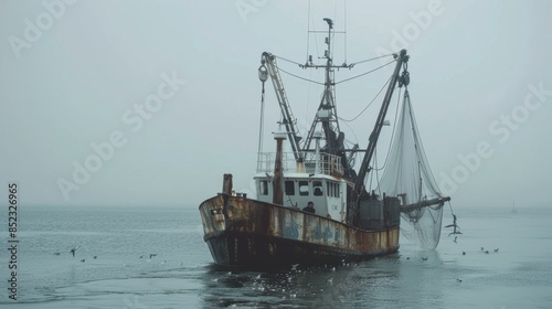 Stock photo showing industrial footage of fishermen on a fishing boat, the working environment, and ocean