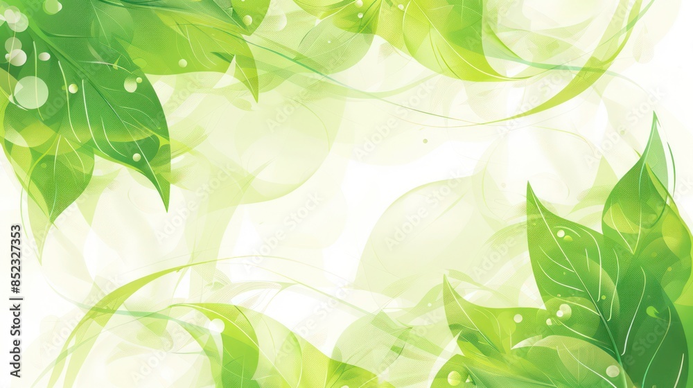 This is an artistic illustration featuring stylized green leaves with dew drops on a soft-focus bright background, conveying a fresh and natural vibe This is an artistic illustration featuring stylized green leaves with dew drops on a soft-focus bright background, conveying a fresh and natural vibe