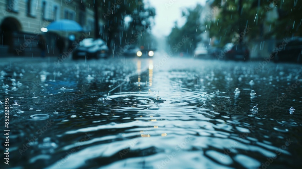 Fototapeta premium Urban streetscape during heavy rainfall, featuring puddles with ripples and a water drop texture.