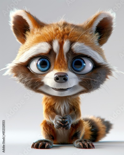 Fluffy cute cartoon raccoon with big gray eyes, big ears and a cute smile, on a white background. © Neuraldesign