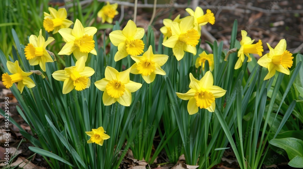 Daffodils of a yellow hue flourished in the garden Daffodils of a yellow hue flourished in the garden