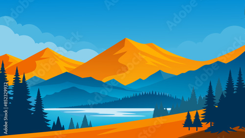 A mountain landscape illustration with trees under a clear sky.