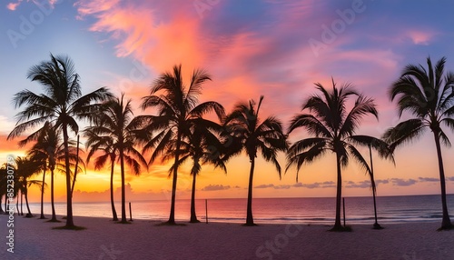 A panoramic view of palm trees silhouetted against a stunning sunset sky on a tropical beach with their reflections mirrored in the calm water. sunset on the beach