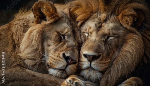 Two lions in love, one lion is holding the other's head with his paw, they have their eyes closed and look happy together