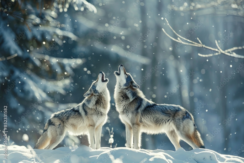 Fototapeta premium wolves howling in snowy forest