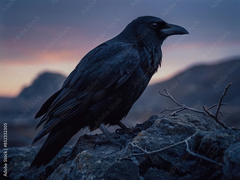 gloomy illustration, close-up of a black raven sitting on rocks, blurred back dark background gloomy illustration, close-up of a black raven sitting on rocks, blurred back dark background