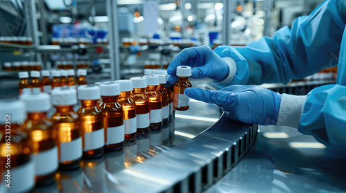 Pharmacist with Gloves Checking Vials on Conveyor Belt photo