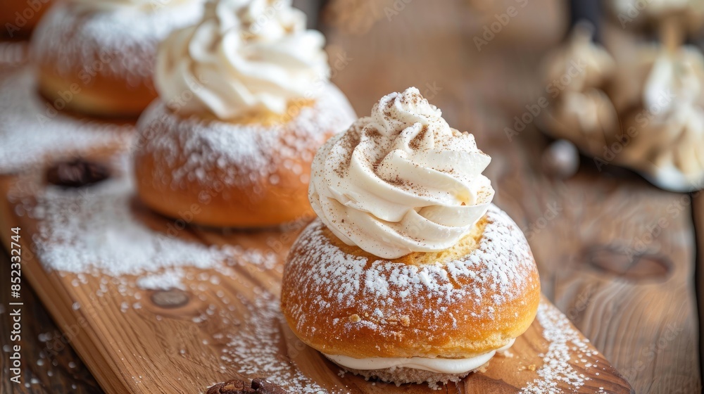 Swedish semla topped with whipped cream displayed on a wooden surface Swedish semla topped with whipped cream displayed on a wooden surface