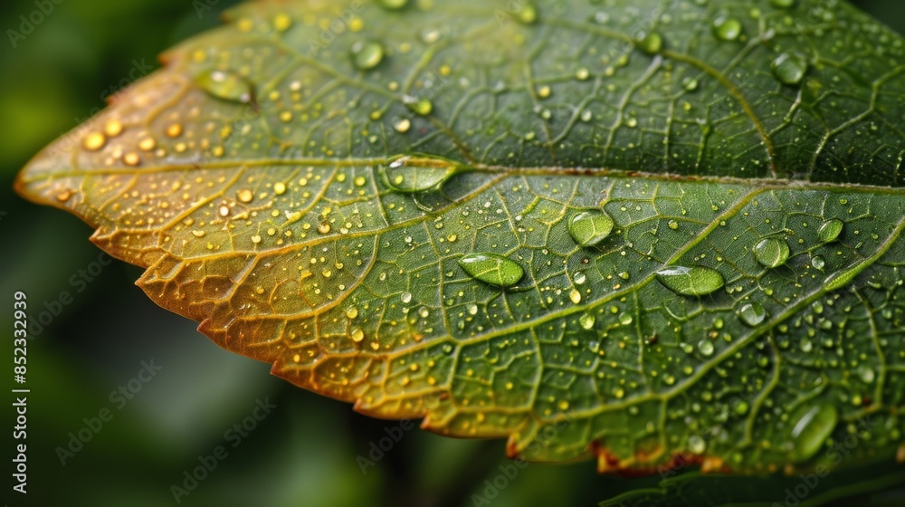 Fototapeta premium A macro shot revealing the intricate details of condensation forming on a leaf after a rain shower.