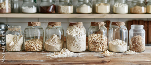 A row of jars filled with different types of flour and other baking ingredients