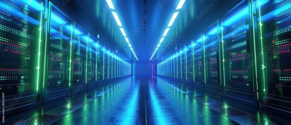 custom made wallpaper toronto digitalRow of network servers, glowing LED lights, dark room, vibrant blue and green hues, wideangle view, hightech atmosphere, efficient data center