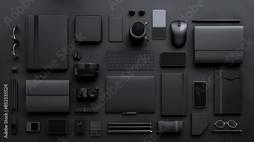 A diverse collection of black technological gadgets and accessories arranged neatly, showcasing a modern, monochromatic theme.. photo