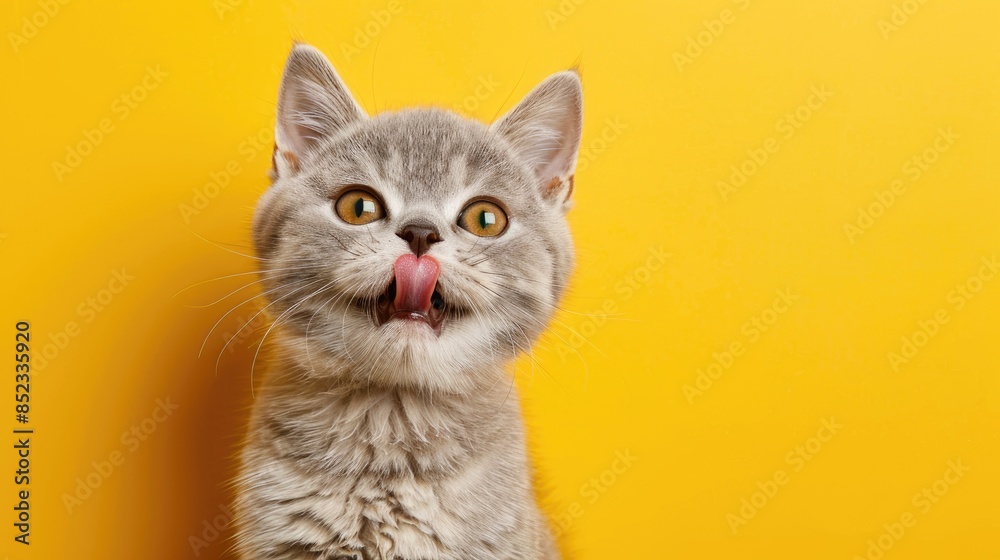 Obraz premium Amusing British Shorthair cat with silver fur making a funny face sticking out tongue on yellow background