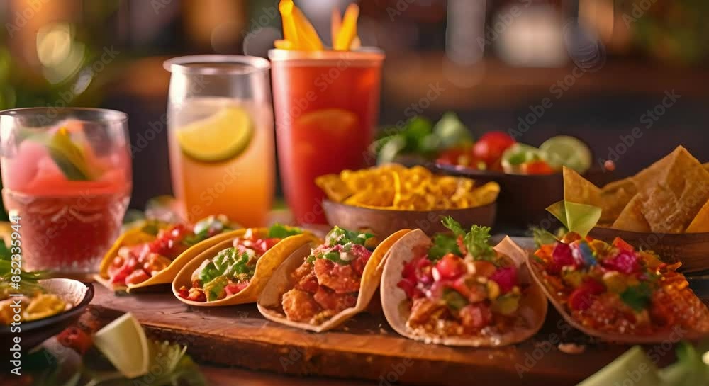 A Vibrant Assortment Of Tacos With Varied Toppings, Refreshing Beverages, And Nachos, Presented On A Wooden Surface. Mexican Cuisine. Recipes Or Restaurant Menus A Vibrant Assortment Of Tacos With Varied Toppings, Refreshing Beverages, And Nachos, Presented On A Wooden Surface. Mexican Cuisine. Recipes Or Restaurant Menus