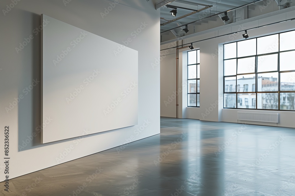 Minimalistic white billboard on a plain wall inside an art gallery, offering a blank canvas for artistic displays or cultural advertisements Minimalistic white billboard on a plain wall inside an art gallery, offering a blank canvas for artistic displays or cultural advertisements