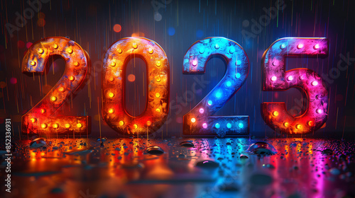 3D modern 2025 icon in bright neon graphic style black background.