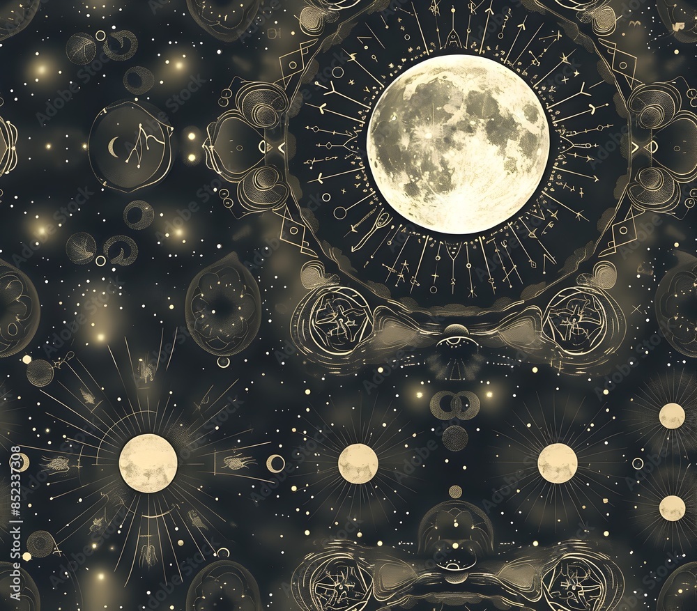 Mesmerizing Celestial Tapestry of Radiant Moon and Shimmering Zodiac Patterns in Serene Night Sky Mesmerizing Celestial Tapestry of Radiant Moon and Shimmering Zodiac Patterns in Serene Night Sky