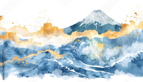 Watercolor Snowy Mountain with Japanese waves clipart, isolated on white background, detailed, high resolution 