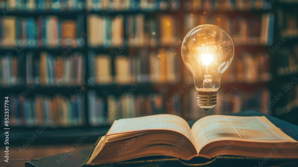 A light bulb illuminates an open book in a library. Ideas born from ...