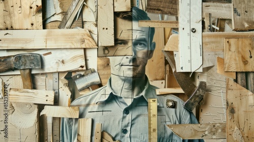 This is an image of a man made of wood. The man is wearing a blue shirt and has a serious expression on his face. The background is made of light brown wood. photo