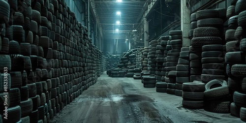 Stacks of Tires in a Dimly Lit Warehouse photo