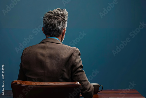 Businessman in jacket sitting at desk, watching invisible screen while holding coffee cup