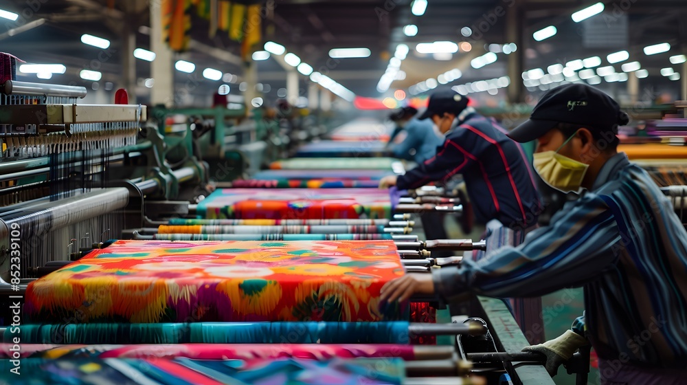Obraz premium Factory Workers Operating Textile Machinery