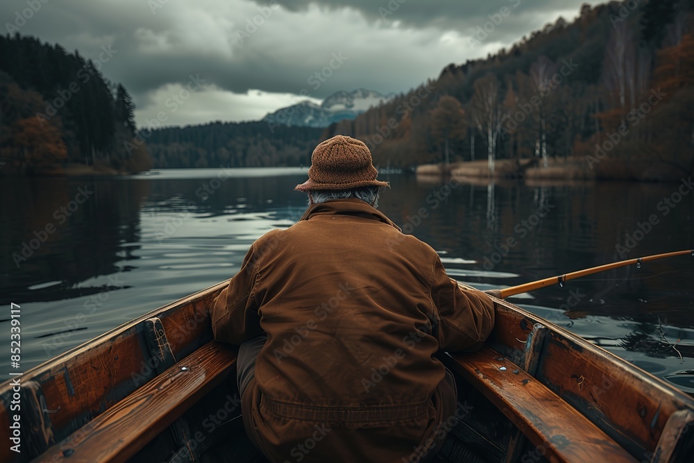 Fisherman in the nature at a moody foggy lake in the morning Fisherman in the nature at a moody foggy lake in the morning