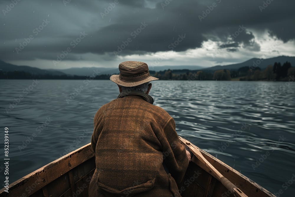 Fisherman in the nature at a moody foggy lake in the morning Fisherman in the nature at a moody foggy lake in the morning