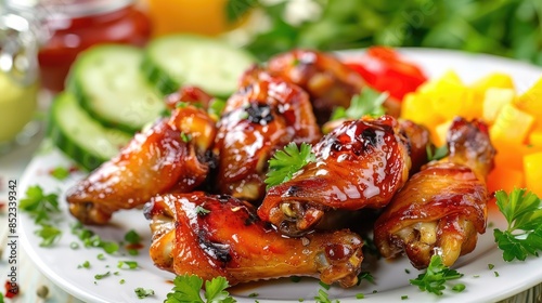 Chicken wings coated in sauce served with fresh vegetables