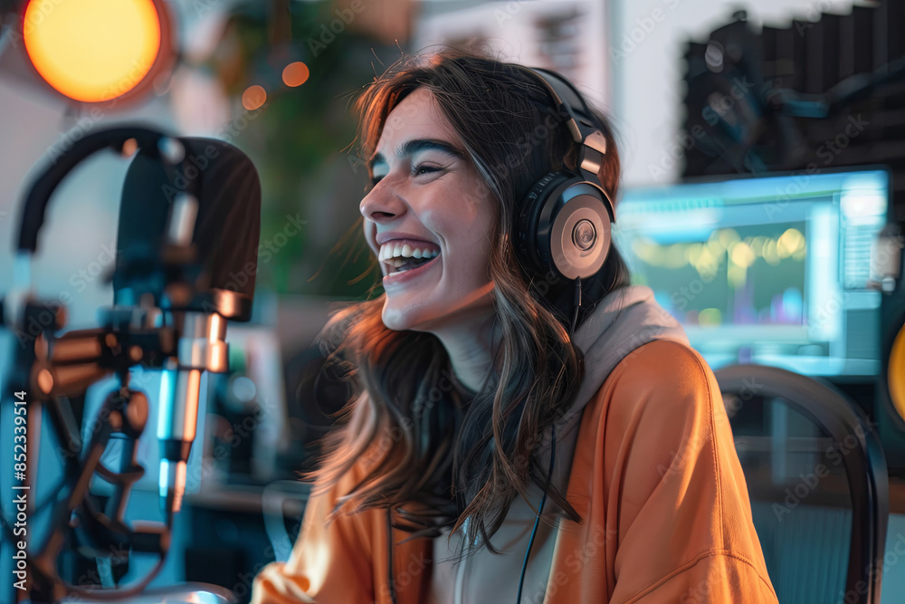 Cheerful young woman recording podcast in studio, radiating enthusiasm and professionalism Cheerful young woman recording podcast in studio, radiating enthusiasm and professionalism