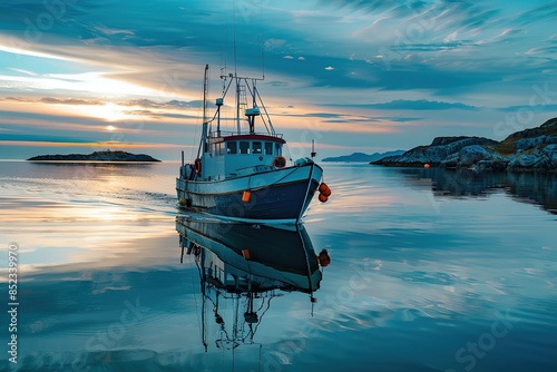 a fishing boat lies at sundown in the fjord #852339970