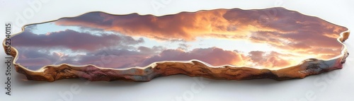Mirror with golden edges, reflecting a sky filled with pink and purple clouds, romantic and enchanting, on solid white background, single object photo
