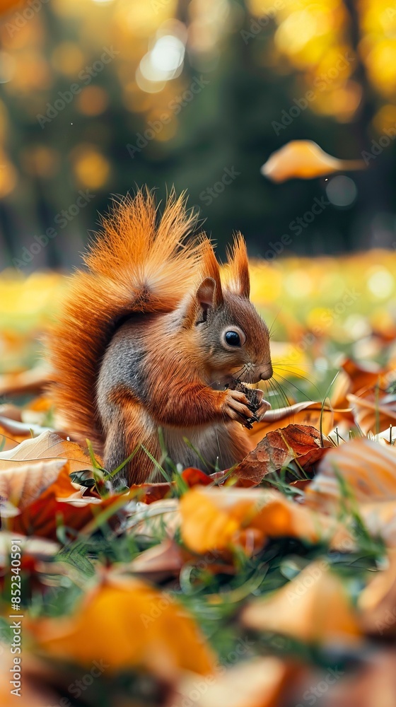 Naklejka premium Red squirrel eating food on green grass among autumn leaves