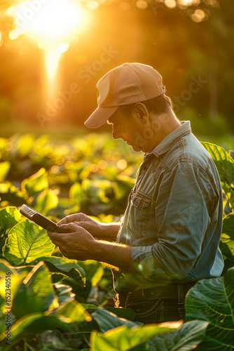 Farmer analyzing cropping data on tablet in tobacco field during early morning with lens flare photo