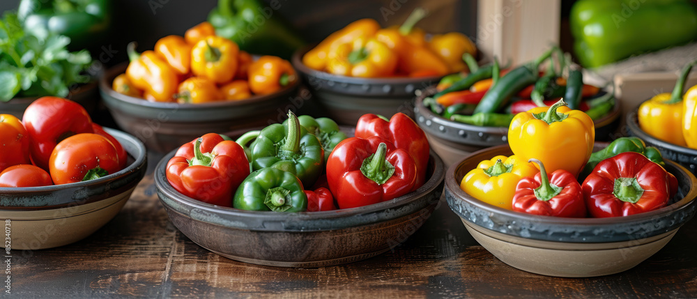 A variety of peppers and tomatoes are displayed in bowls on a wooden table A variety of peppers and tomatoes are displayed in bowls on a wooden table