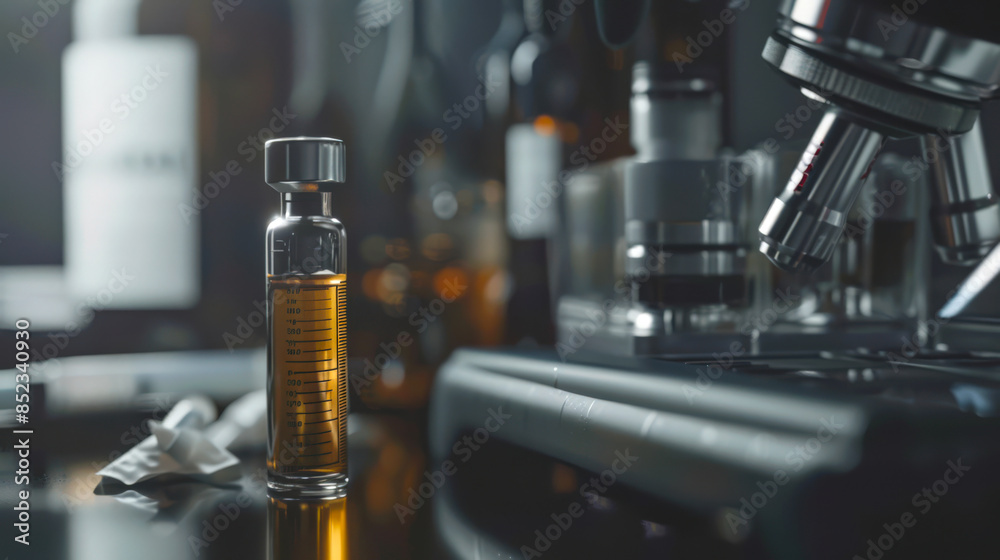 Development of steroids in the laboratory. There is a bottle of liquid on the table next to the microscope. The bottle is marked with many letters and numbers Development of steroids in the laboratory. There is a bottle of liquid on the table next to the microscope. The bottle is marked with many letters and numbers