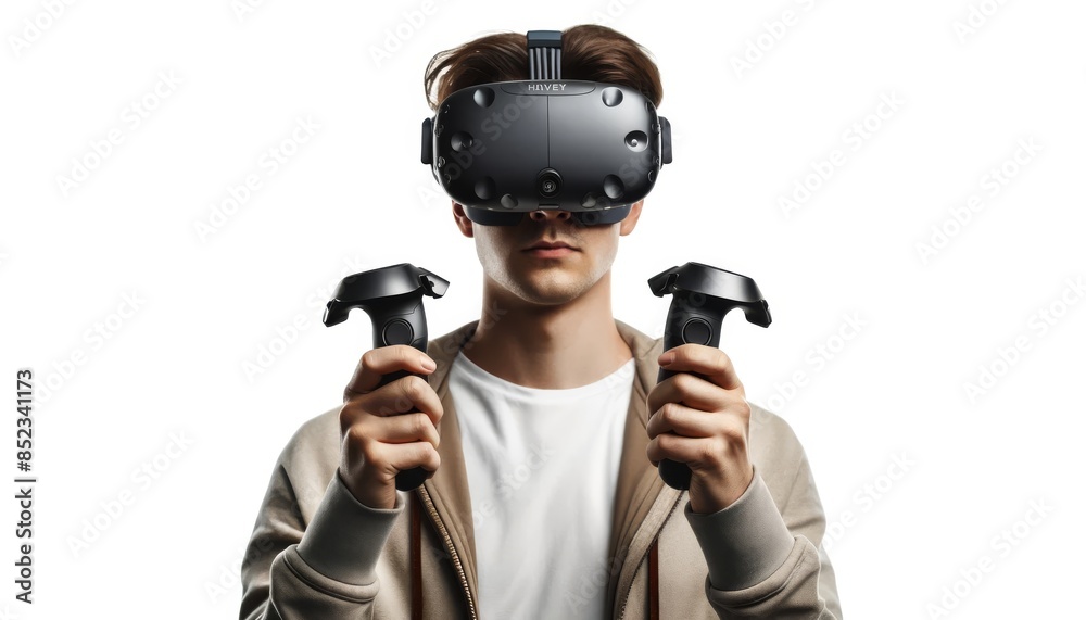 Man with Virtual Reality Headset and Controllers Man with Virtual Reality Headset and Controllers