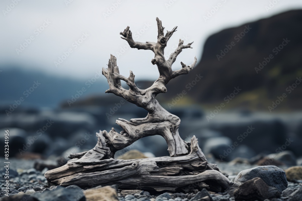 Obraz premium a driftwood tree on a rocky beach with mountains in the background