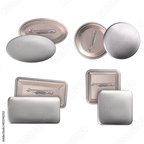 Vector. Mock Up. Set badge pin brooch of round, rectangular, oval, square shapes in silver color. Realistic illustration isolated on white background.