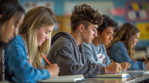 High school students concentrating and taking notes