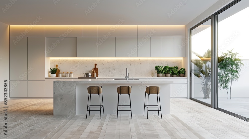Fototapeta premium Modern Minimalist Kitchen with White Cabinetry, Island, and Indoor Plants