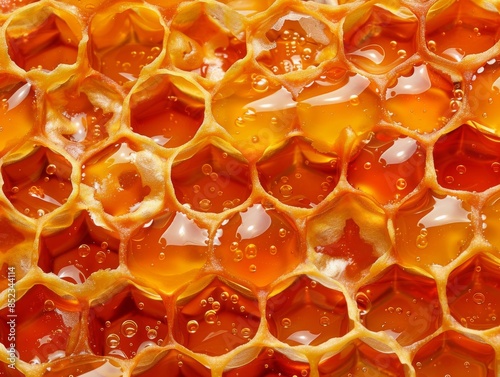 Hyperrealistic natural look closeup shot of an individual bee on the surface of honeycomb, with detailed focus on its wings and body, surrounded by richly textured partially orange and sienna