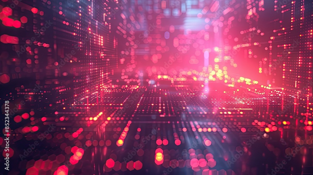 Obraz premium Futuristic Digital Network Blockchain with Neon Lights and Abstract Data Visualization