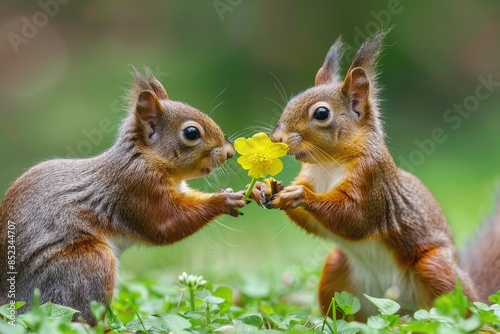 Two squirrels standing together in grass, holding a yellow flower