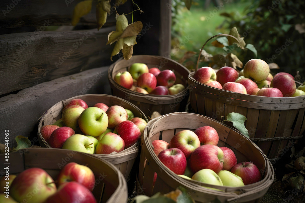Wooden tubs full of various fresh apples under the tree near wooden village house. Apple orchard on countryside. Gathering healthy fresh fruit harvest. Wooden tubs full of various fresh apples under the tree near wooden village house. Apple orchard on countryside. Gathering healthy fresh fruit harvest.