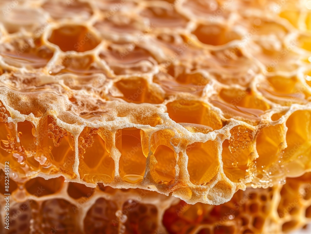 Hyperrealistic natural look closeup shot of an individual bee on the surface of honeycomb, with detailed focus on its wings and body, surrounded by richly textured partially orange and sienna Hyperrealistic natural look closeup shot of an individual bee on the surface of honeycomb, with detailed focus on its wings and body, surrounded by richly textured partially orange and sienna