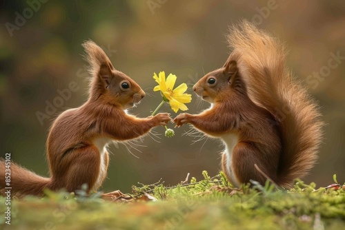 Two squirrels standing together in grass, holding a yellow flower © Alexei