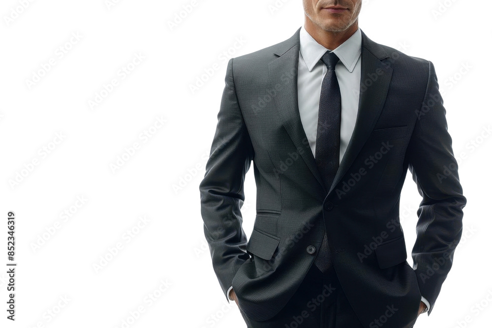 Professional businessman in a dark suit and tie, confidently posing with hands in pockets against a white background. Professional businessman in a dark suit and tie, confidently posing with hands in pockets against a white background.